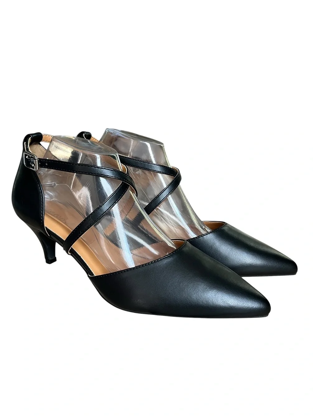 Greatonu women's kitten heel pumps featuring a pointed toe and strappy crossover